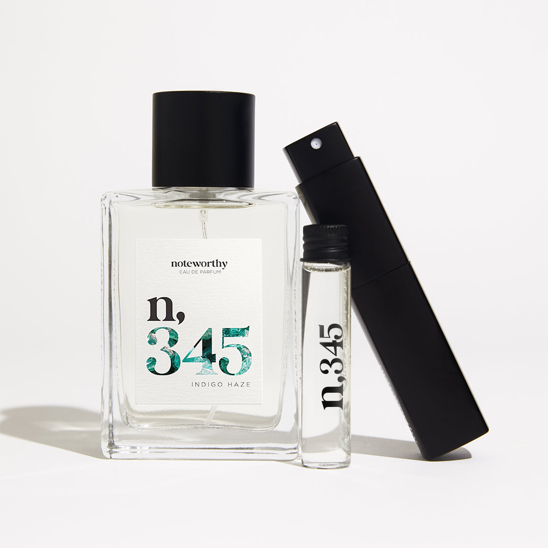 Noteworthy Eau De Parfum n,345 100ml bottle , Refill and Travel Spray, elegantly displayed